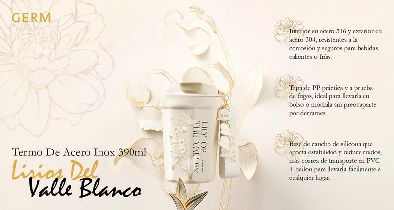 Germ Termo Botella de agua Mantiene Frío O Caliente 390ml Lirio blanco