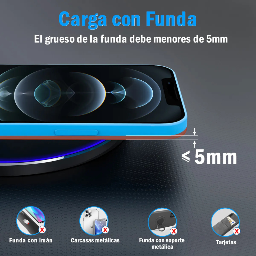 Cargador Inalámbrico de Carga Rápida QC3.0 Compatible con iPhone, Samsung, Xiaomi y Huawei