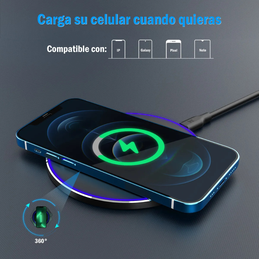 Cargador Inalámbrico de Carga Rápida QC3.0 Compatible con iPhone, Samsung, Xiaomi y Huawei