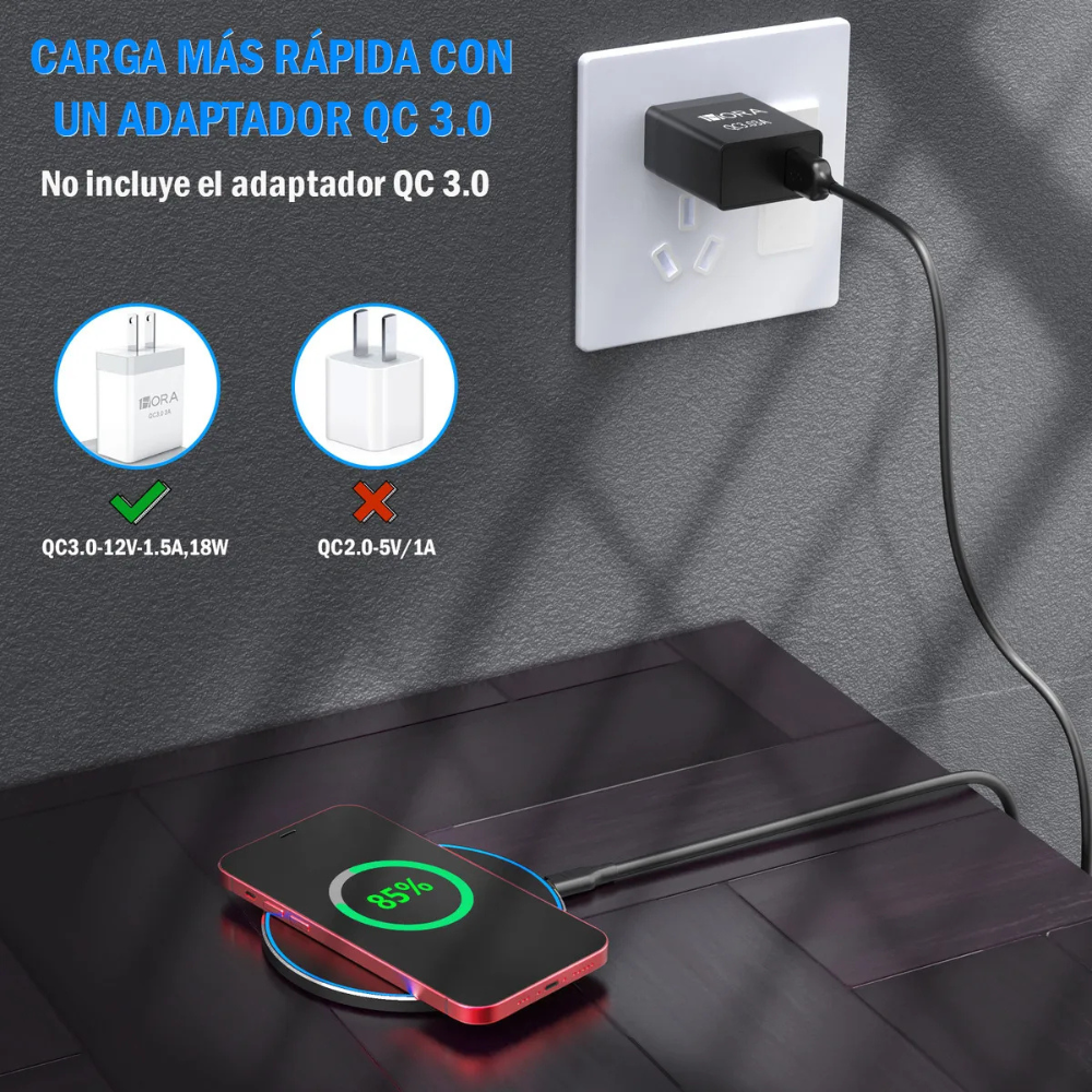 Cargador Inalámbrico de Carga Rápida QC3.0 Compatible con iPhone, Samsung, Xiaomi y Huawei